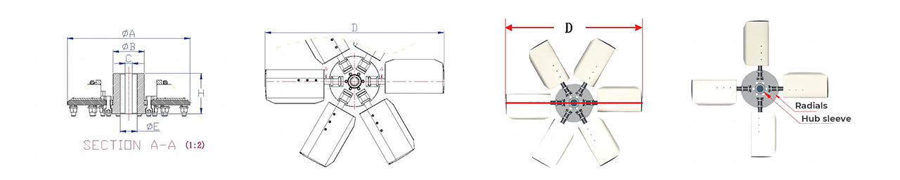 Dimensions of cooling tower fan from 4 different angles