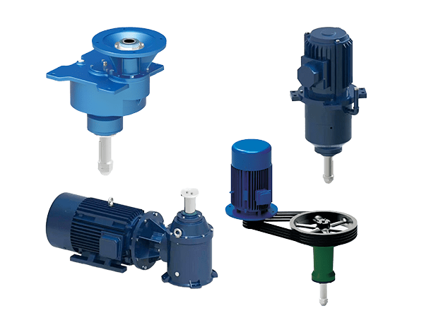 4 different types of cooling tower Gearboxes are placed on a flat surface.