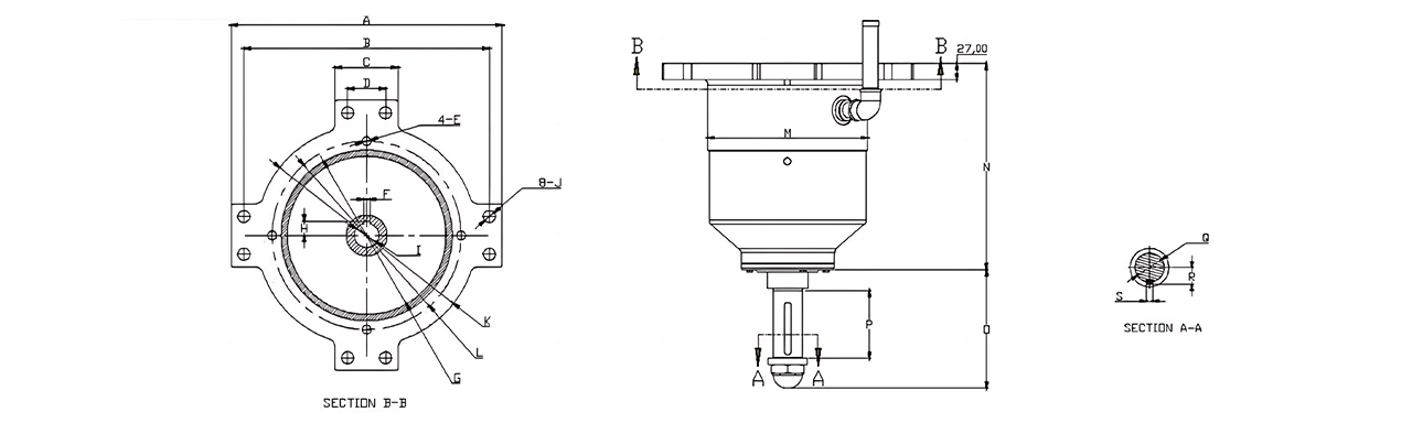 The dimensions of RD-TDQ gearbox are displayed from 3 different views.