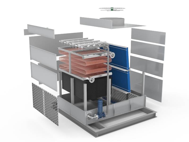 Dessin de vue éclatée du refroidisseur à circuit fermé à flux mixte avec entrée unique