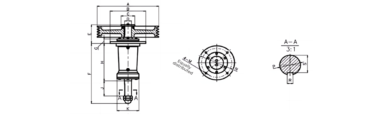 The dimensions of RD-PVD beltpulley reducer are displayed from 3 different views.