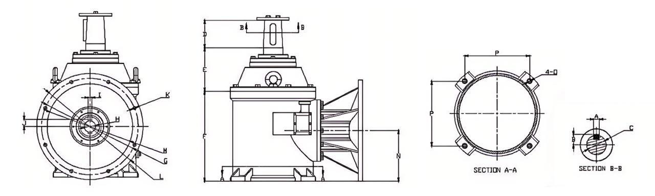 The dimensions of RD-TCJ gearbox are displayed from 4 different views.