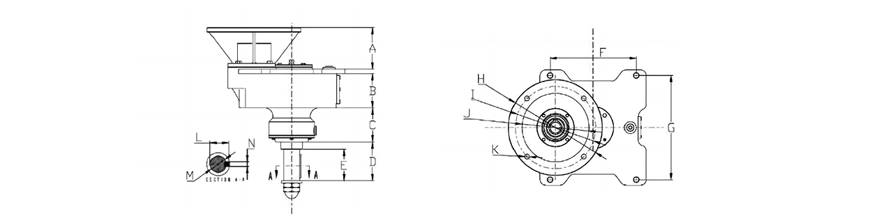 The dimensions the RD-TYQ gearbox are displayed from 3 different views.